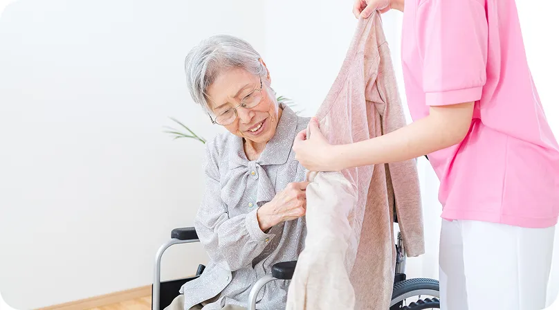ベッドから車イスへの移動介助、<br>洗髪の介助や着替えの介助